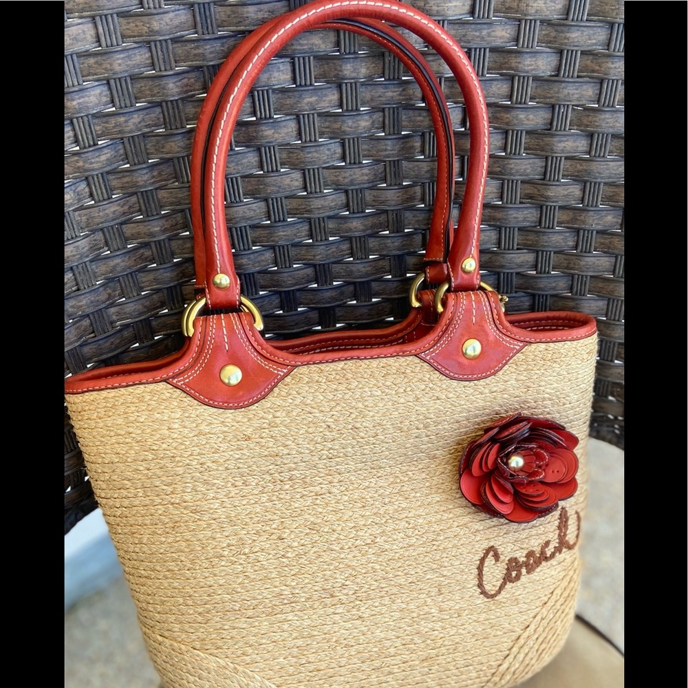 Orange Coach Straw Handbag